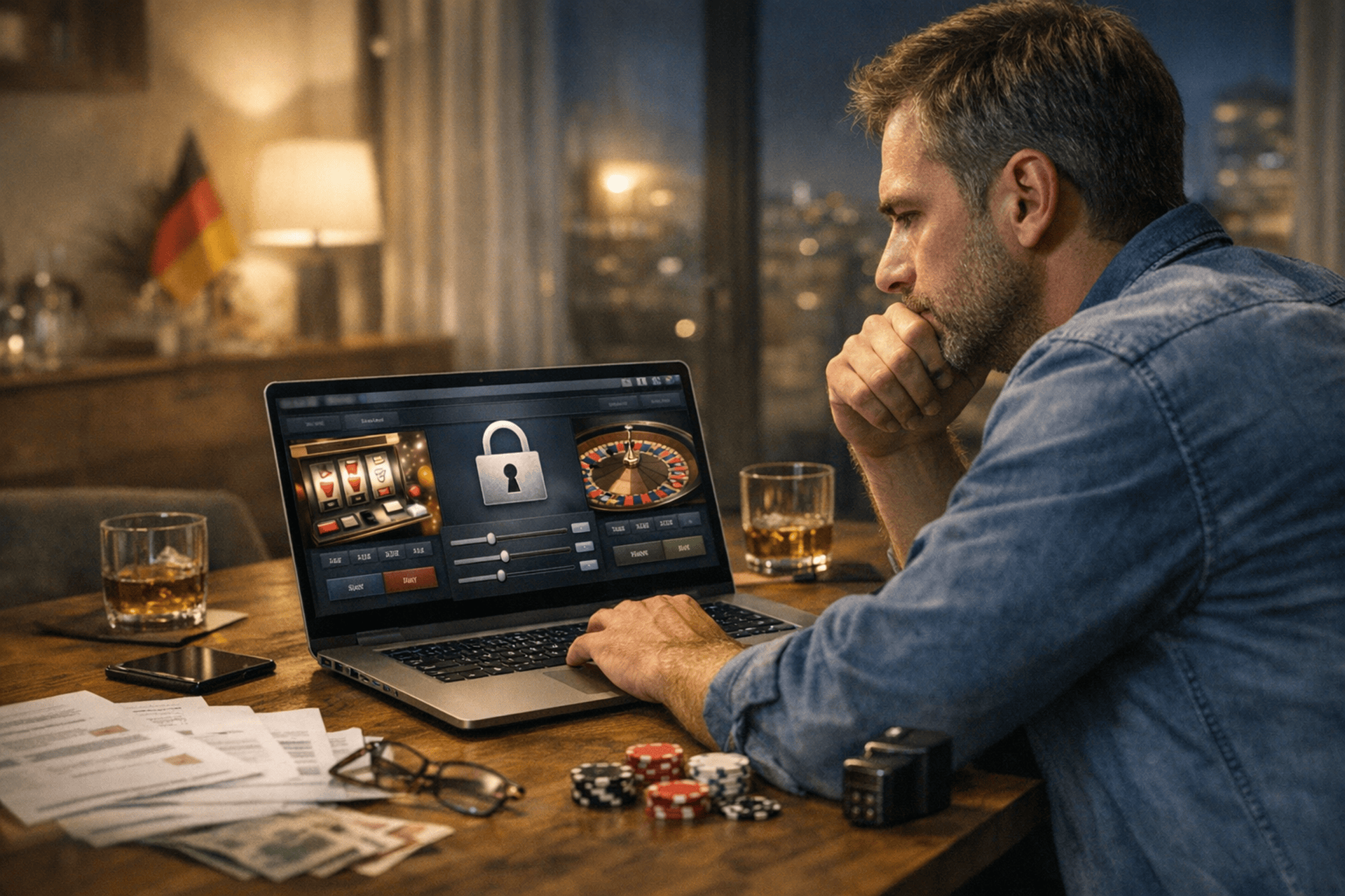 Ein erwachsener Mann sitzt abends in einer modernen Wohnung vor einem Laptop und spielt ein Casino ohne OASIS. Die Szene vermittelt Privatsphäre, Eigenverantwortung und Nachdenklichkeit, mit subtilen Symbolen für Datenschutz und flexible Limits.